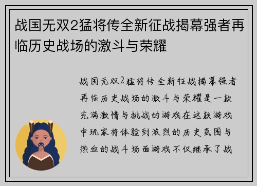 战国无双2猛将传全新征战揭幕强者再临历史战场的激斗与荣耀